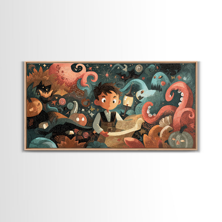 The Mapmaker Of Impossible Shores, Linocut Halloween Art, Wide Panoramic Art, Framed Canvas Print, Cute Halloween Wall Art