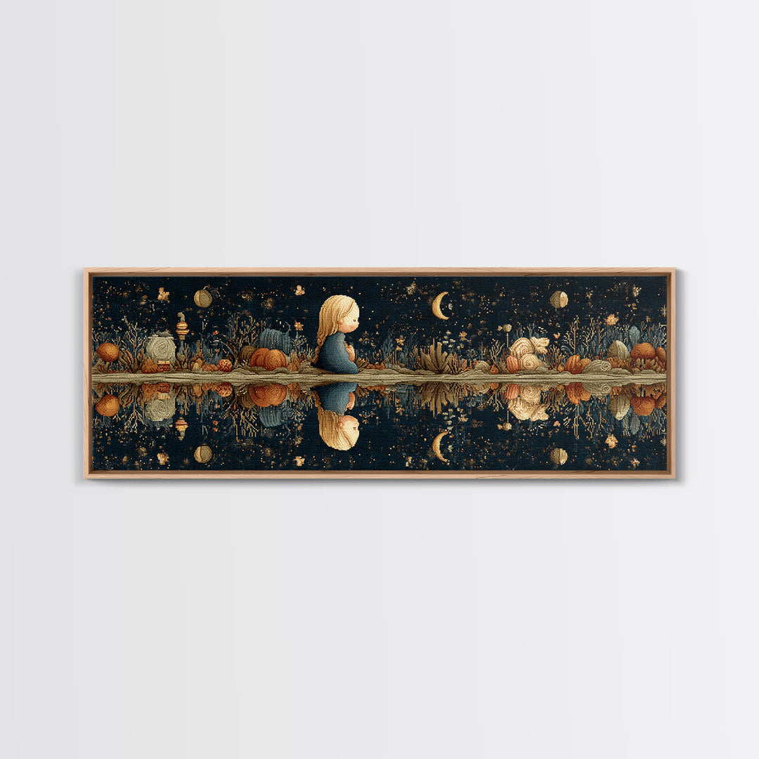 The Mirror Lake Of Lost Constellations, Embroidered Halloween Art, Extra Wide Wall Art, Canvas Print, Cute Halloween Wall Art