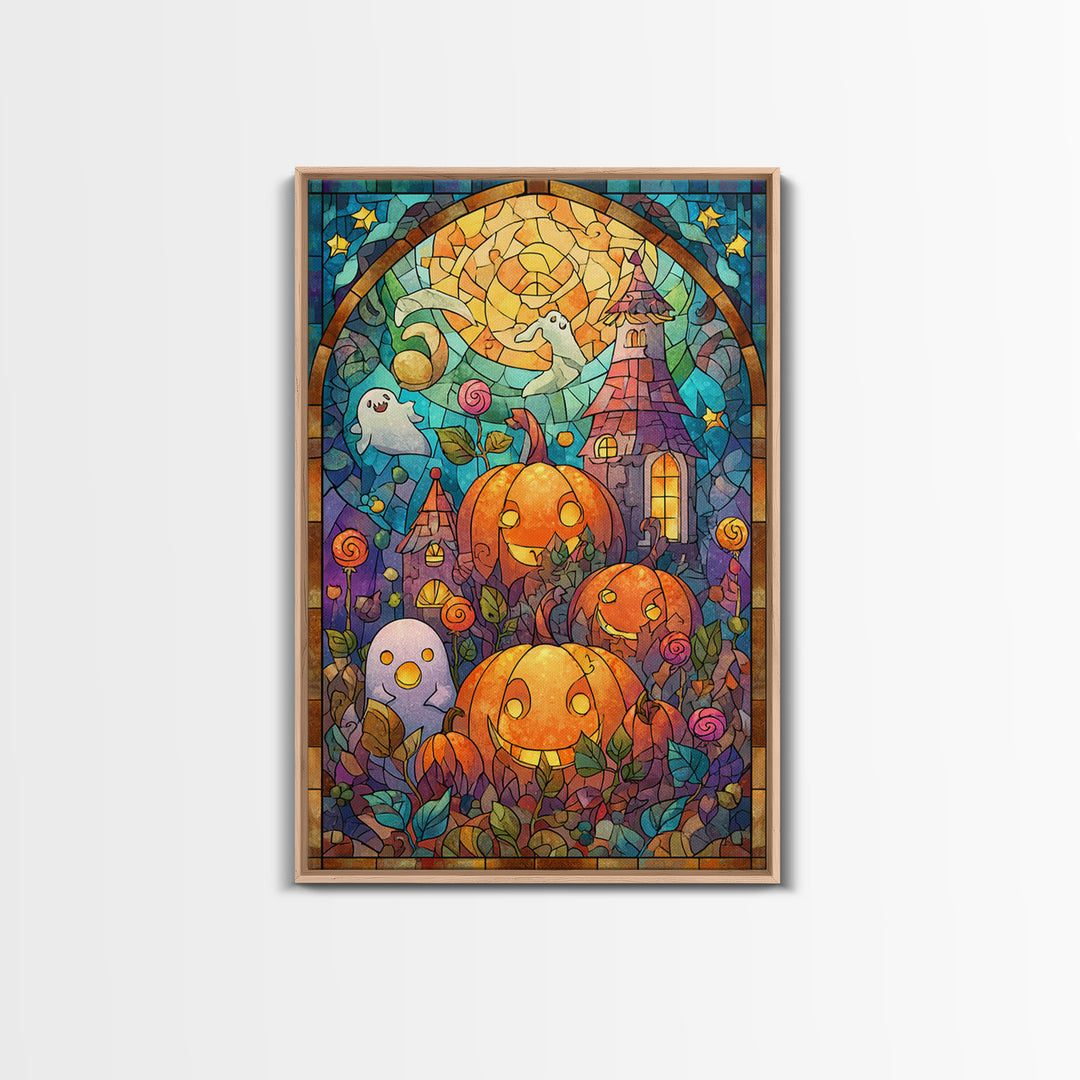 The Starry Pumpkin Farm, Stained Glass Halloween, Vertical Wall Art, Canvas Print, Cute Halloween Wall Art