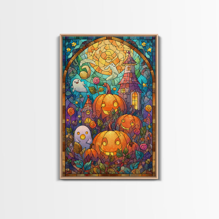 The Starry Pumpkin Farm, Stained Glass Halloween, Vertical Wall Art, Canvas Print, Cute Halloween Wall Art