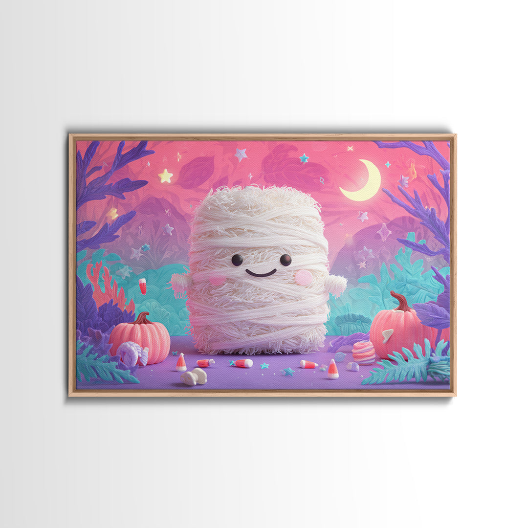 The Popcorn Mummy, Vaporwave Halloween Art, Landscape Wall Art, Framed Canvas Print, Cute Halloween Wall Art