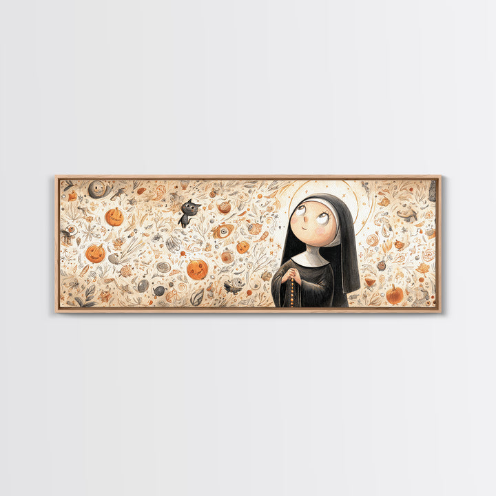 The Nun Of The Endless Constellation, Hand Sketch Halloween Art, Extra Wide Wall Art, Canvas Print, Cute Halloween Wall Art, Storybook Decor