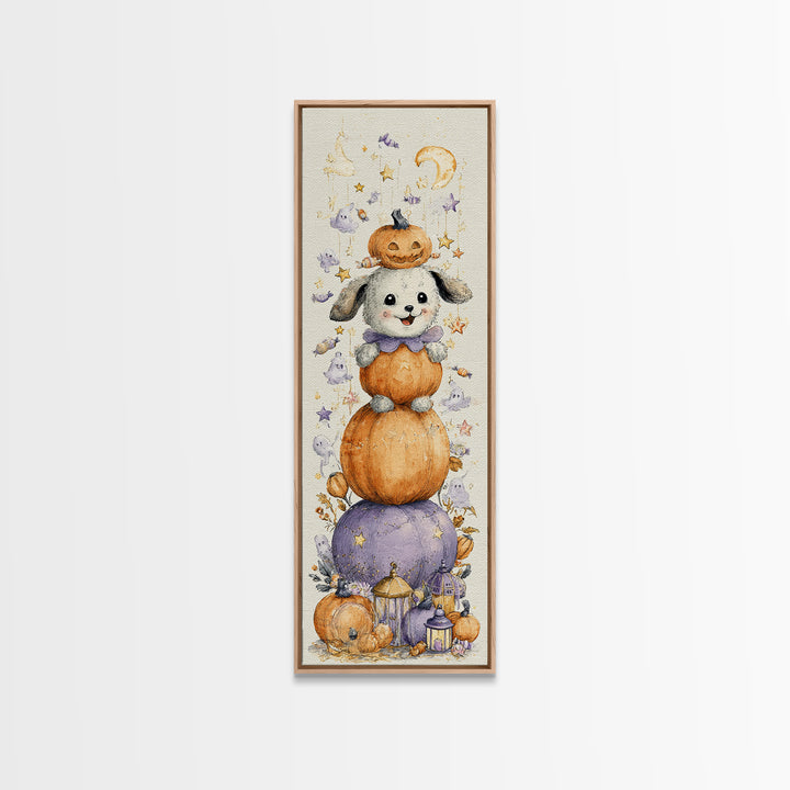 The Pumpkin Puppy, Watercolor Halloween Art, Tall Narrow Wall Art, Framed Canvas Print, Cute Halloween Wall Art