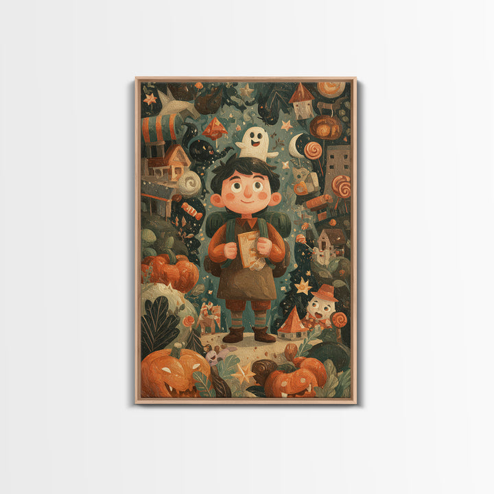 The Candy Map Adventurers, Gouache Halloween Art, Vertical Wall Art, Canvas Print, Cute Halloween Wall Art