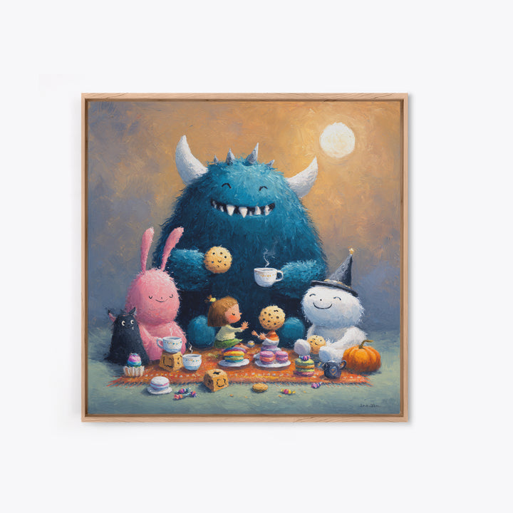 The Monster Under The Bed Tea Party, Pastel Halloween Art, Square Wall Art, Canvas Print, Cute Halloween Wall Art