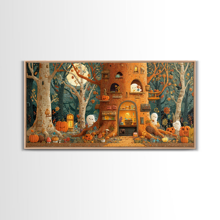The Cozy Hollow Tree, Paper Collage Halloween, Wide Panoramic Art, Framed Canvas Print, Cute Halloween Wall Art