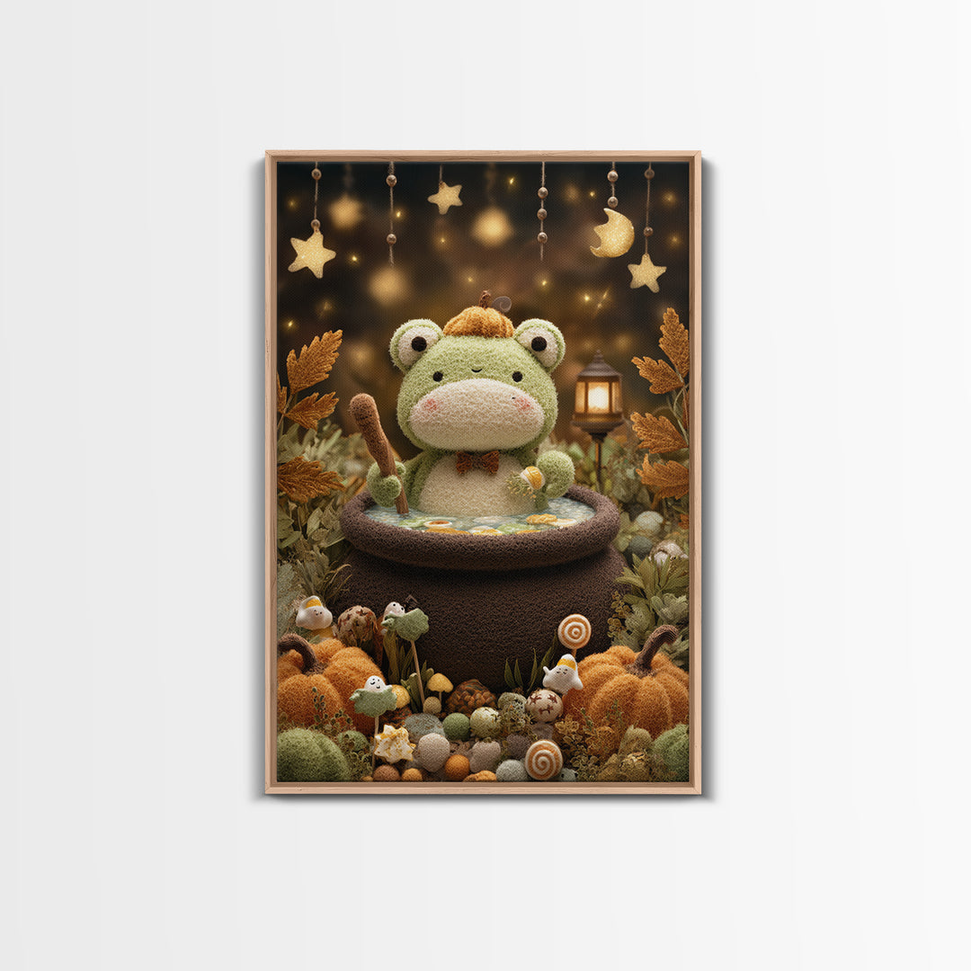The Cauldron Frog, Plush Halloween Art, Vertical Wall Art, Canvas Print, Cute Halloween Wall Art, Whimsical Nursery Decor