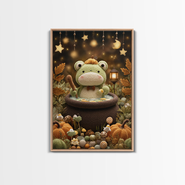 The Cauldron Frog, Plush Halloween Art, Vertical Wall Art, Canvas Print, Cute Halloween Wall Art, Whimsical Nursery Decor