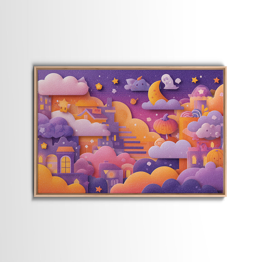 The Halloween Cloud Kingdom, Kawaii Halloween Art, Landscape Wall Art, Framed Canvas Print, Cute Halloween Wall Art