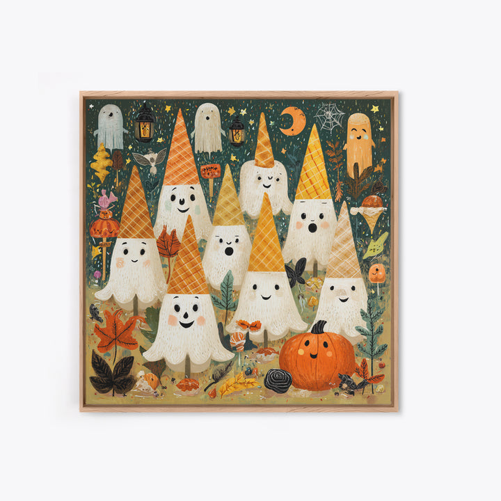 The Ice-Cream Ghost Parade, Retro Halloween Art, Square Wall Art, Canvas Print, Cute Halloween Wall Art