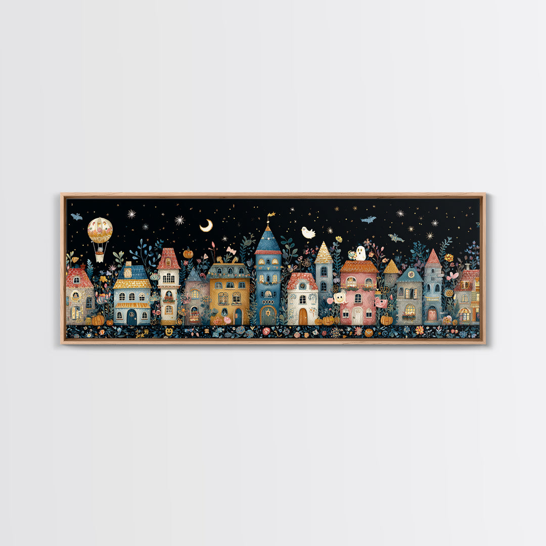 The Ghost Balloon City, Folk Halloween Art, Extra Wide Wall Art, Canvas Print, Cute Halloween Wall Art