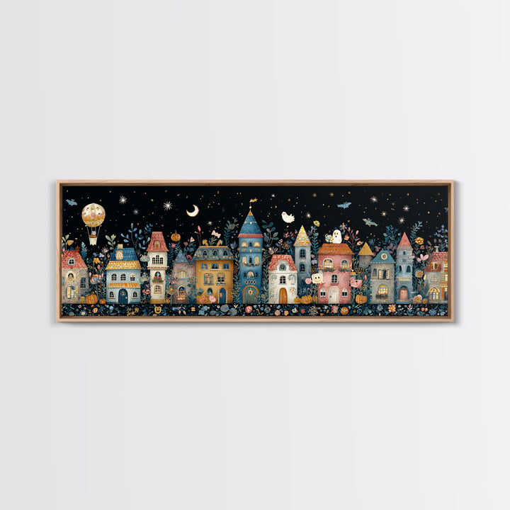 The Ghost Balloon City, Folk Halloween Art, Extra Wide Wall Art, Canvas Print, Cute Halloween Wall Art