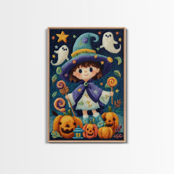 The Star-Cape Magician, Embroidered Halloween Art, Vertical Wall Art, Canvas Print, Cute Halloween Wall Art