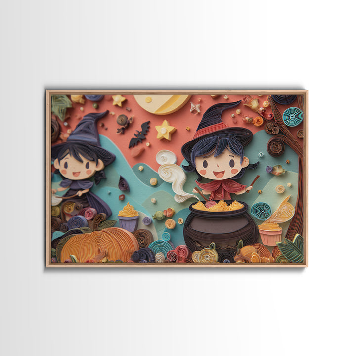 The Cupcake Cauldron Class, Quilled Halloween Art, Landscape Wall Art, Framed Canvas Print, Cute Halloween Wall Art
