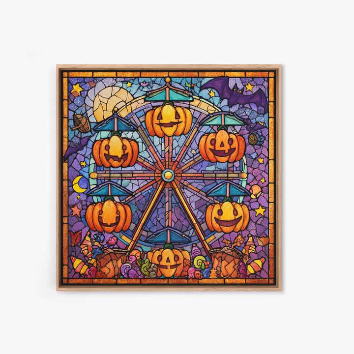 The Pumpkin Ferris Wheel, Stained Glass Halloween, Square Wall Art, Canvas Print, Cute Halloween Wall Art