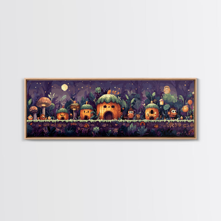 The Moonlit Acorn Village, Pixel Halloween Art, Extra Wide Wall Art, Canvas Print, Cute Halloween Wall Art
