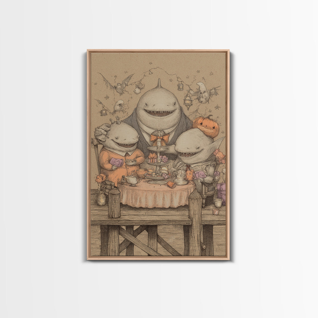 The Tea Party At Innsmouth Pier, Hand Sketch Halloween Art, Vertical Wall Art, Canvas Print, Cute Halloween Wall Art