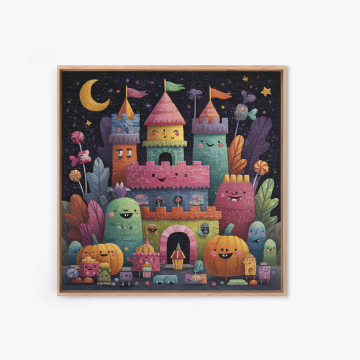 The Candy Castle, Gouache Halloween Art, Square Wall Art, Canvas Print, Cute Halloween Wall Art, Halloween Kids Decor, Storybook Decor