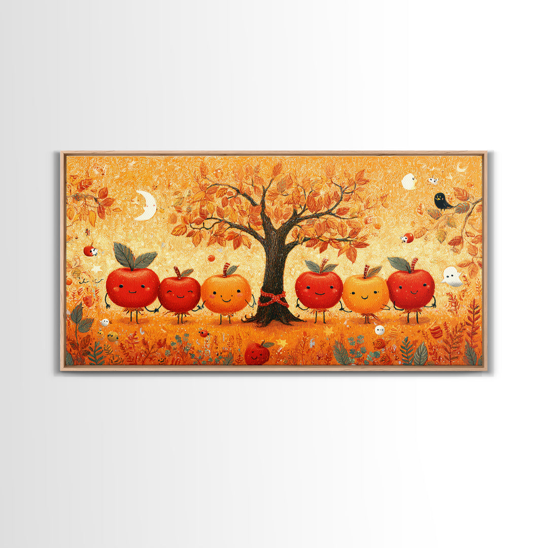 The Caramel Apple Friends, Crayon Halloween Art, Wide Panoramic Art, Framed Canvas Print, Cute Halloween Wall Art