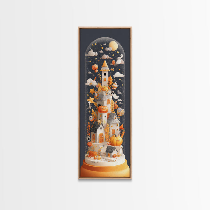Halloween Inside A Snow Globe, Paper Collage Halloween, Tall Narrow Wall Art, Framed Canvas Print, Cute Halloween Wall Art