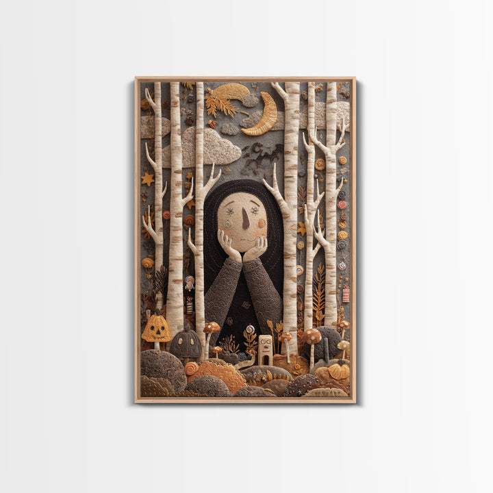 The Sleeper In The Birch Grove, Felt Halloween Art, Vertical Wall Art, Canvas Print, Cute Halloween Wall Art