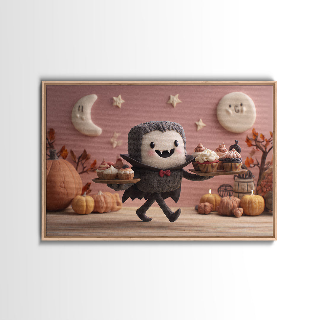 The Cupcake Vampire, Clay Halloween Art, Landscape Wall Art, Framed Canvas Print, Cute Halloween Wall Art