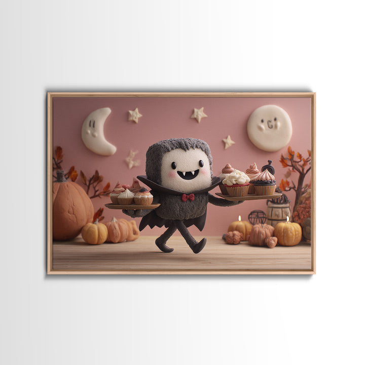 The Cupcake Vampire, Clay Halloween Art, Landscape Wall Art, Framed Canvas Print, Cute Halloween Wall Art