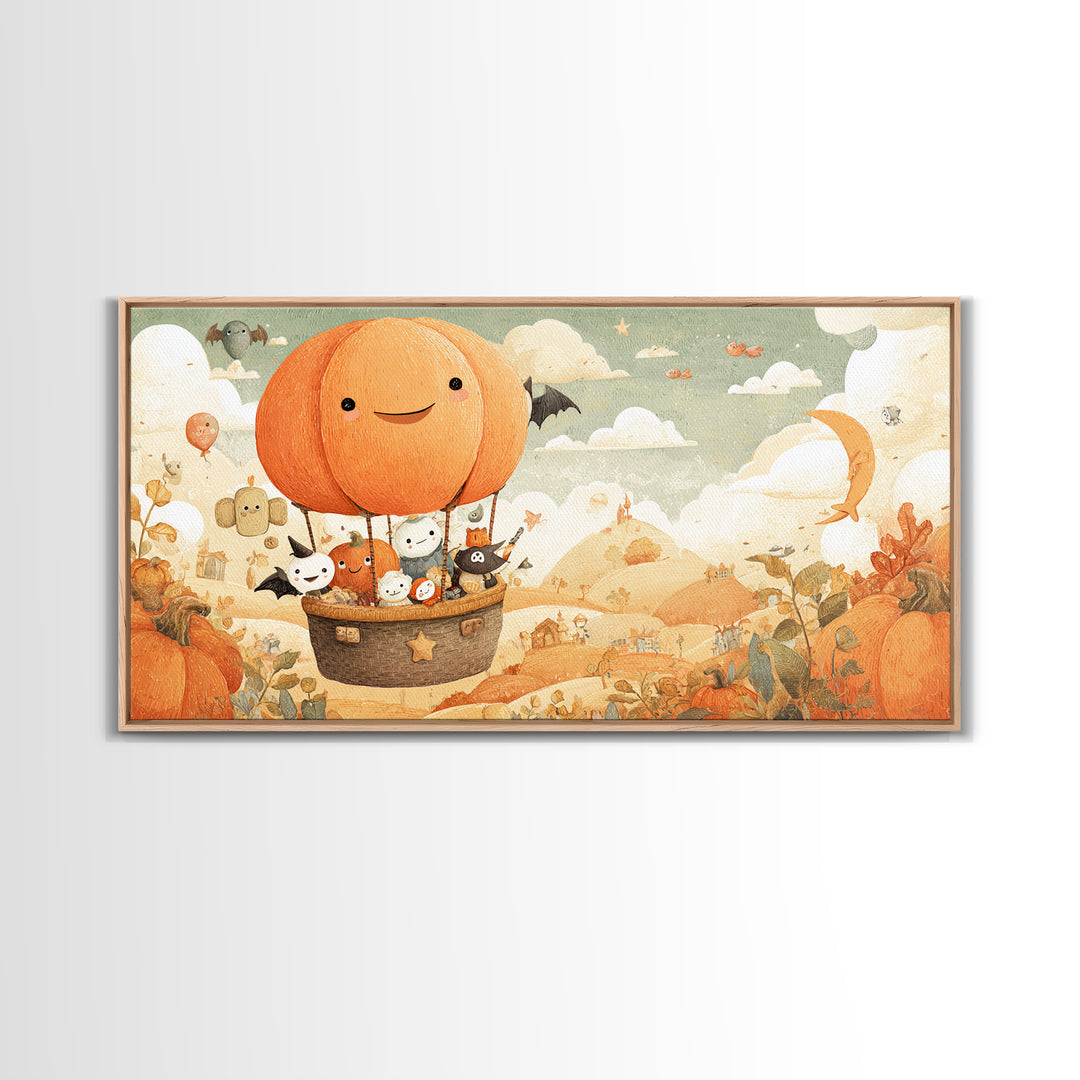 The Pumpkin Hot-Air Balloon, Kawaii Halloween Art, Wide Panoramic Art, Framed Canvas Print, Cute Halloween Wall Art
