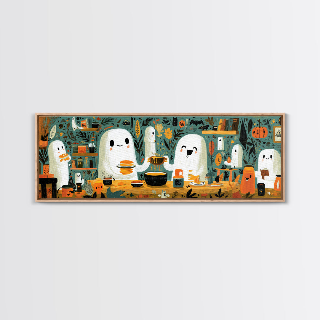 The Ghost Family Breakfast, Retro Halloween Art, Extra Wide Wall Art, Canvas Print, Cute Halloween Wall Art