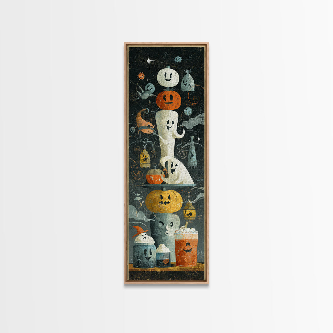 The Midnight Cocoa Party, Screenprint Halloween Art, Tall Narrow Wall Art, Framed Canvas Print, Cute Halloween Wall Art