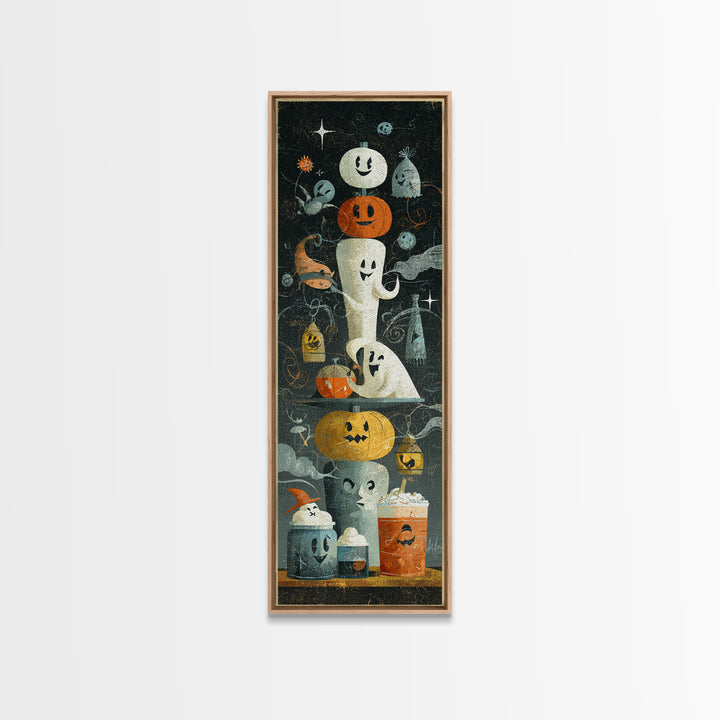The Midnight Cocoa Party, Screenprint Halloween Art, Tall Narrow Wall Art, Framed Canvas Print, Cute Halloween Wall Art