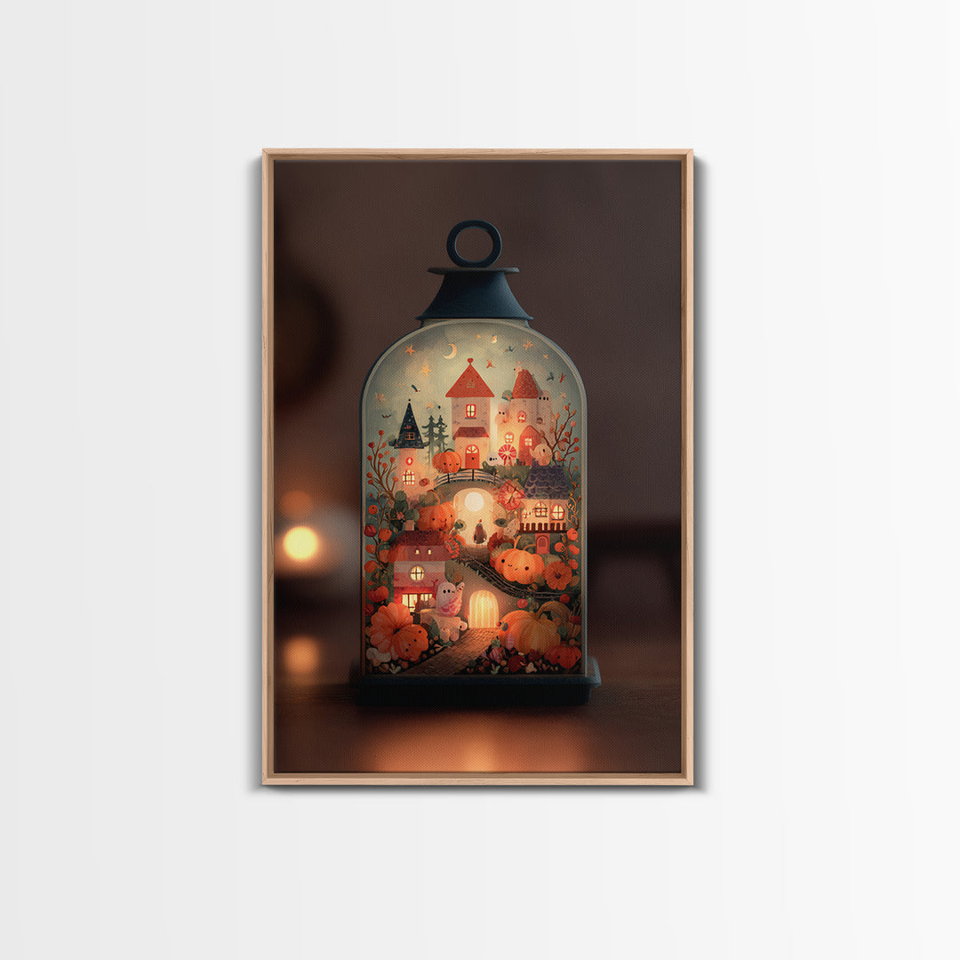 The World Inside A Lantern, Folk Halloween Art, Vertical Wall Art, Canvas Print, Cute Halloween Wall Art