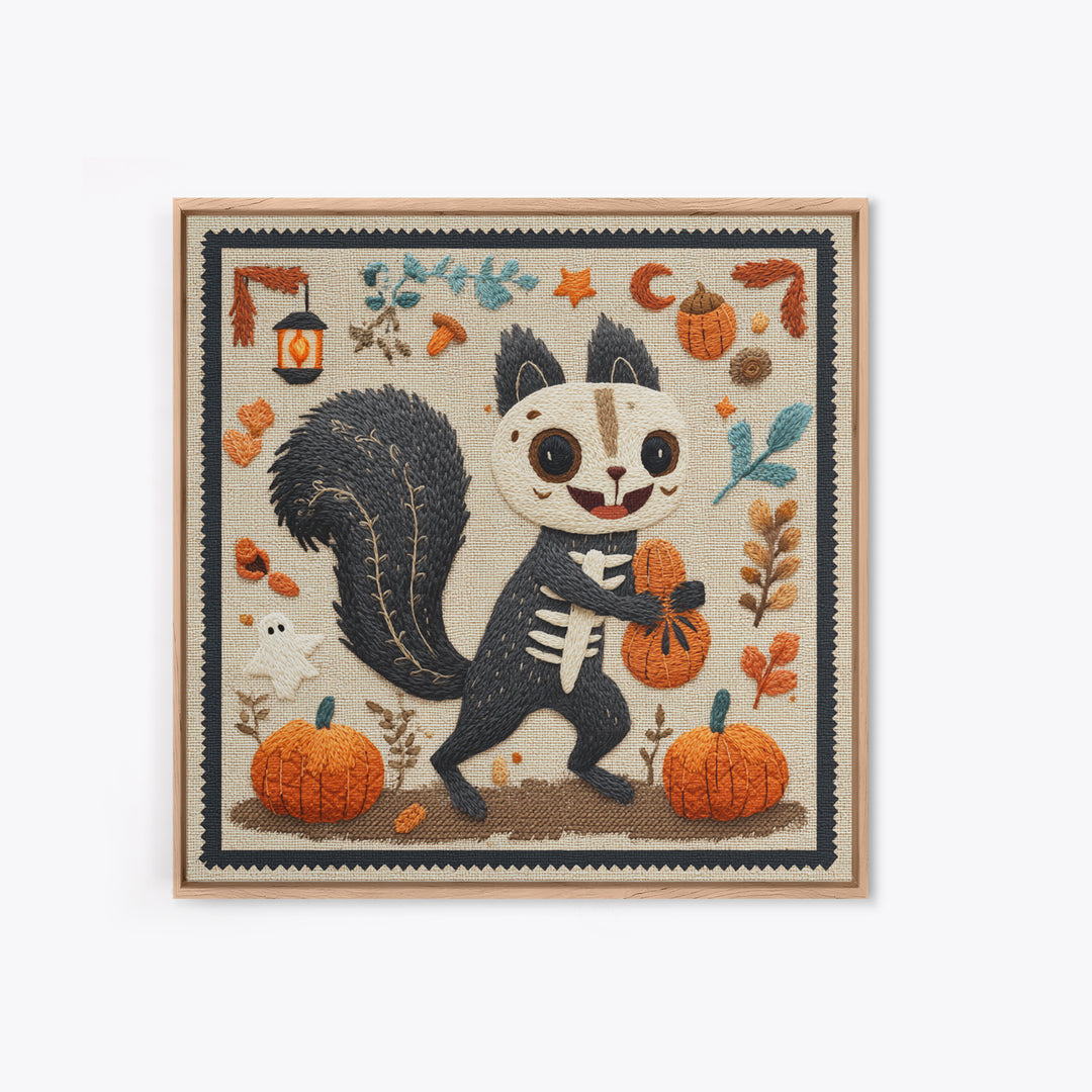 The Squirrel Skeleton, Embroidered Halloween Art, Square Wall Art, Canvas Print, Cute Halloween Wall Art