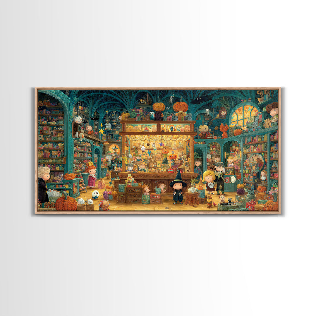 The Moonlight Toy Shop, Quilled Halloween Art, Wide Panoramic Art, Framed Canvas Print, Cute Halloween Wall Art
