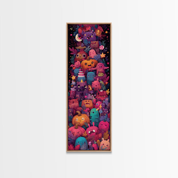 The Monster Hide-And-Seek Game, Vaporwave Halloween Art, Tall Narrow Wall Art, Framed Canvas Print, Cute Halloween Wall Art