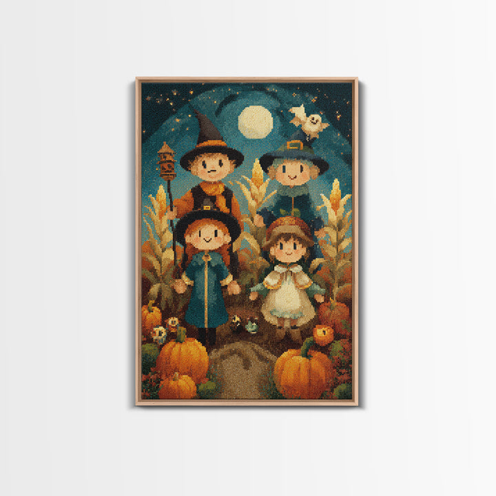 The Starry Cornfield Maze, Pixel Halloween Art, Vertical Wall Art, Canvas Print, Cute Halloween Wall Art