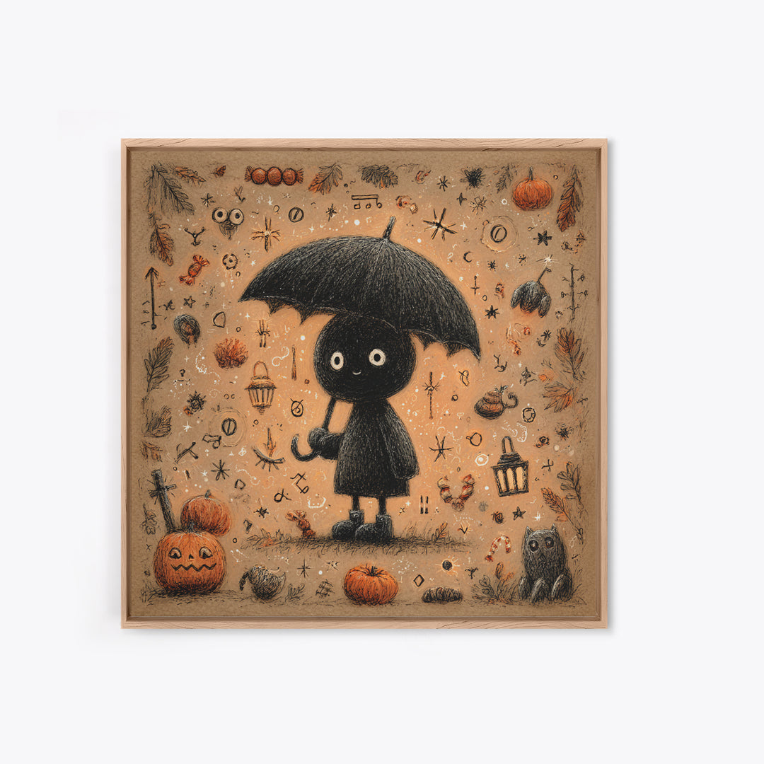 The Umbrella Of The Outer Rain, Hand Sketch Halloween Art, Square Wall Art, Canvas Print, Cute Halloween Wall Art
