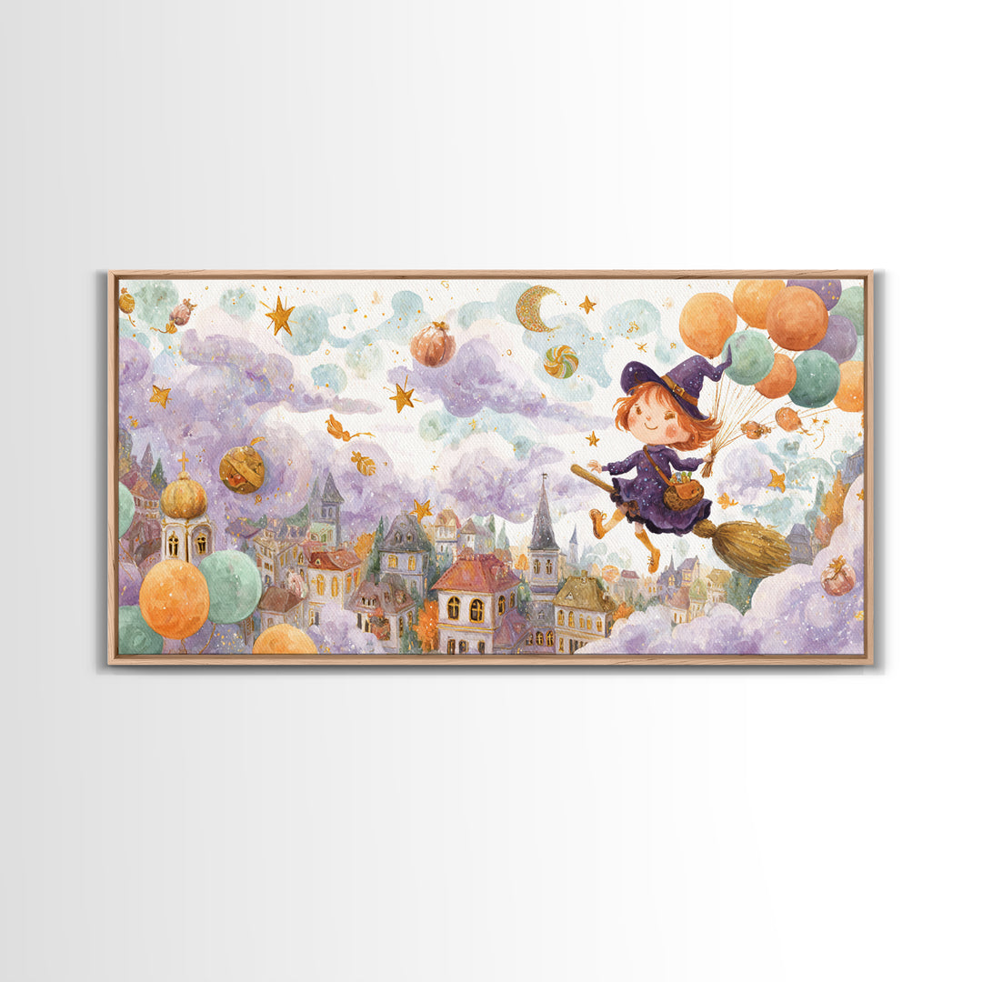 The Witch With A Balloon Broom, Watercolor Halloween Art, Wide Panoramic Art, Framed Canvas Print, Cute Halloween Wall Art