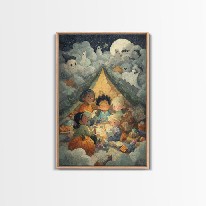The Halloween Sleepover, Pastel Halloween Art, Vertical Wall Art, Canvas Print, Cute Halloween Wall Art