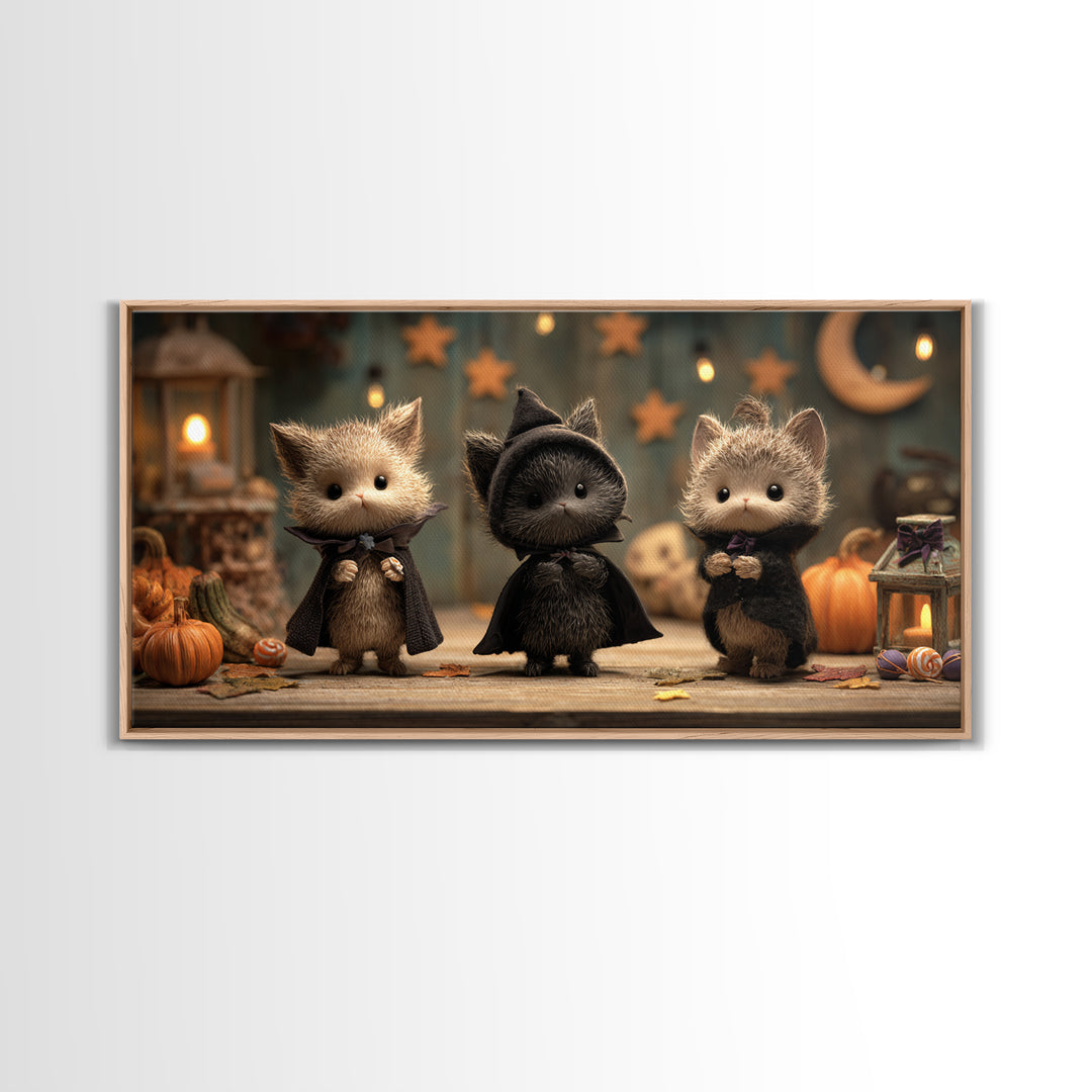 The Kitten Vampire, Clay Halloween Art, Wide Panoramic Art, Framed Canvas Print, Cute Halloween Wall Art