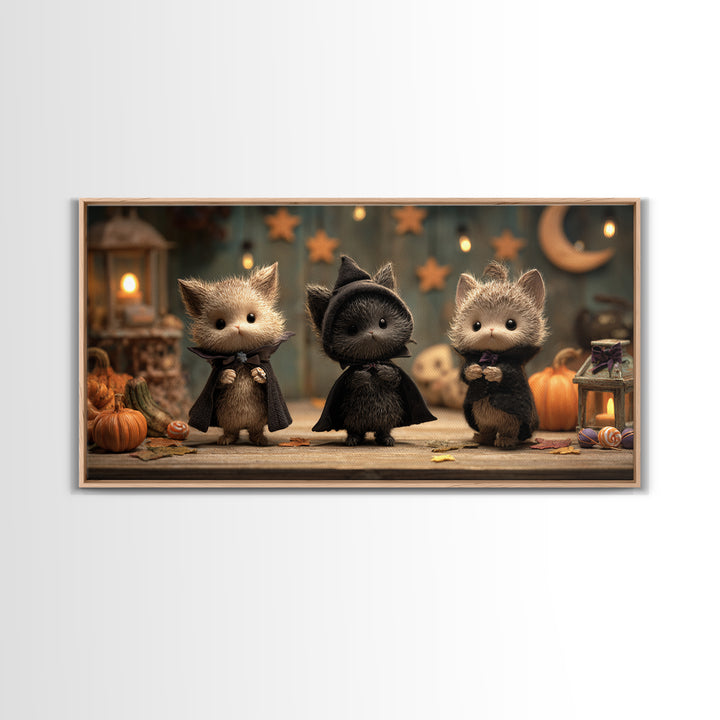 The Kitten Vampire, Clay Halloween Art, Wide Panoramic Art, Framed Canvas Print, Cute Halloween Wall Art
