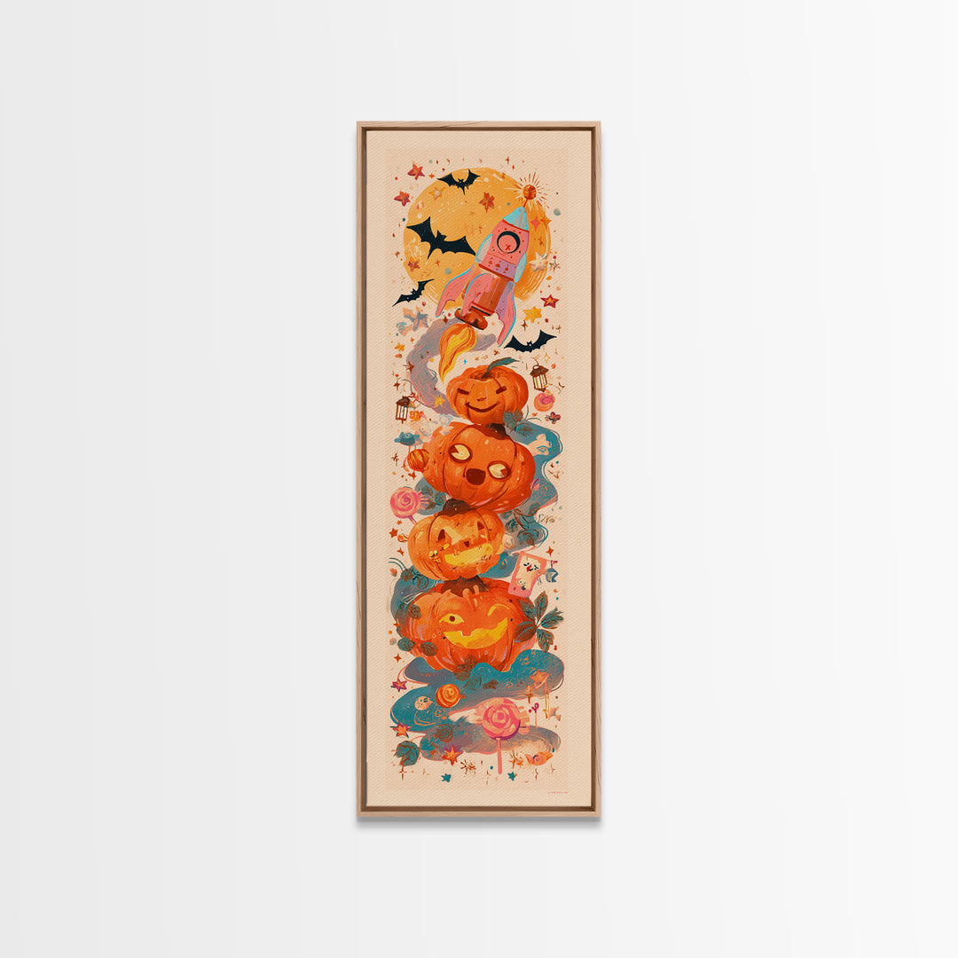 The Pumpkin Rocket Ship, Kawaii Halloween Art, Tall Narrow Wall Art, Framed Canvas Print, Cute Halloween Wall Art, Storybook Decor