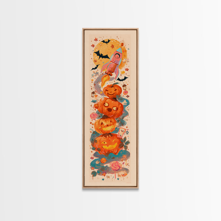 The Pumpkin Rocket Ship, Kawaii Halloween Art, Tall Narrow Wall Art, Framed Canvas Print, Cute Halloween Wall Art, Storybook Decor