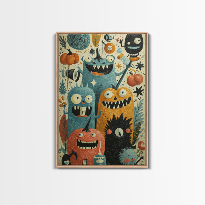 The Monster Toothbrush Club, Retro Halloween Art, Vertical Wall Art, Canvas Print, Cute Halloween Wall Art