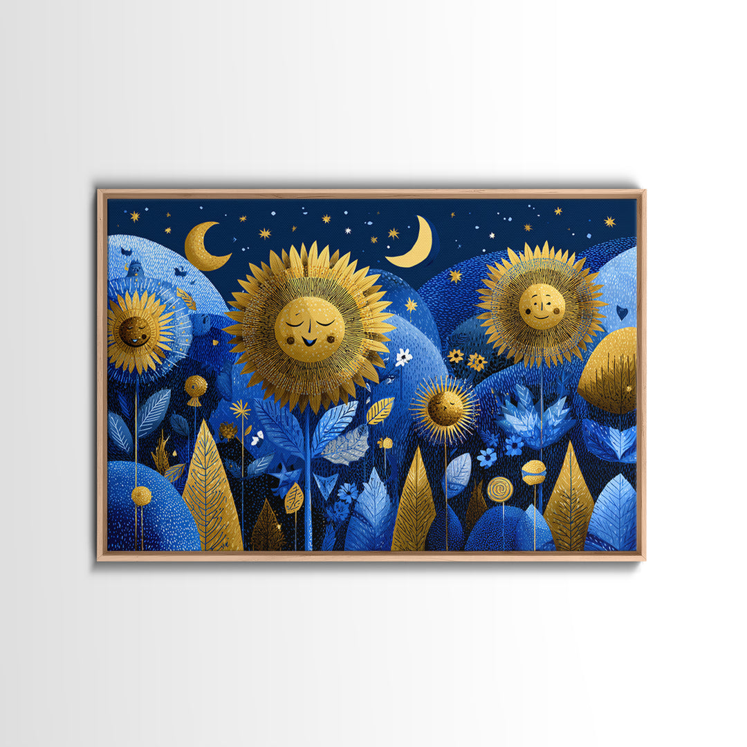 The Singing Sunflowers At Midnight, Screenprint Halloween Art, Landscape Wall Art, Framed Canvas Print, Cute Halloween Wall Art
