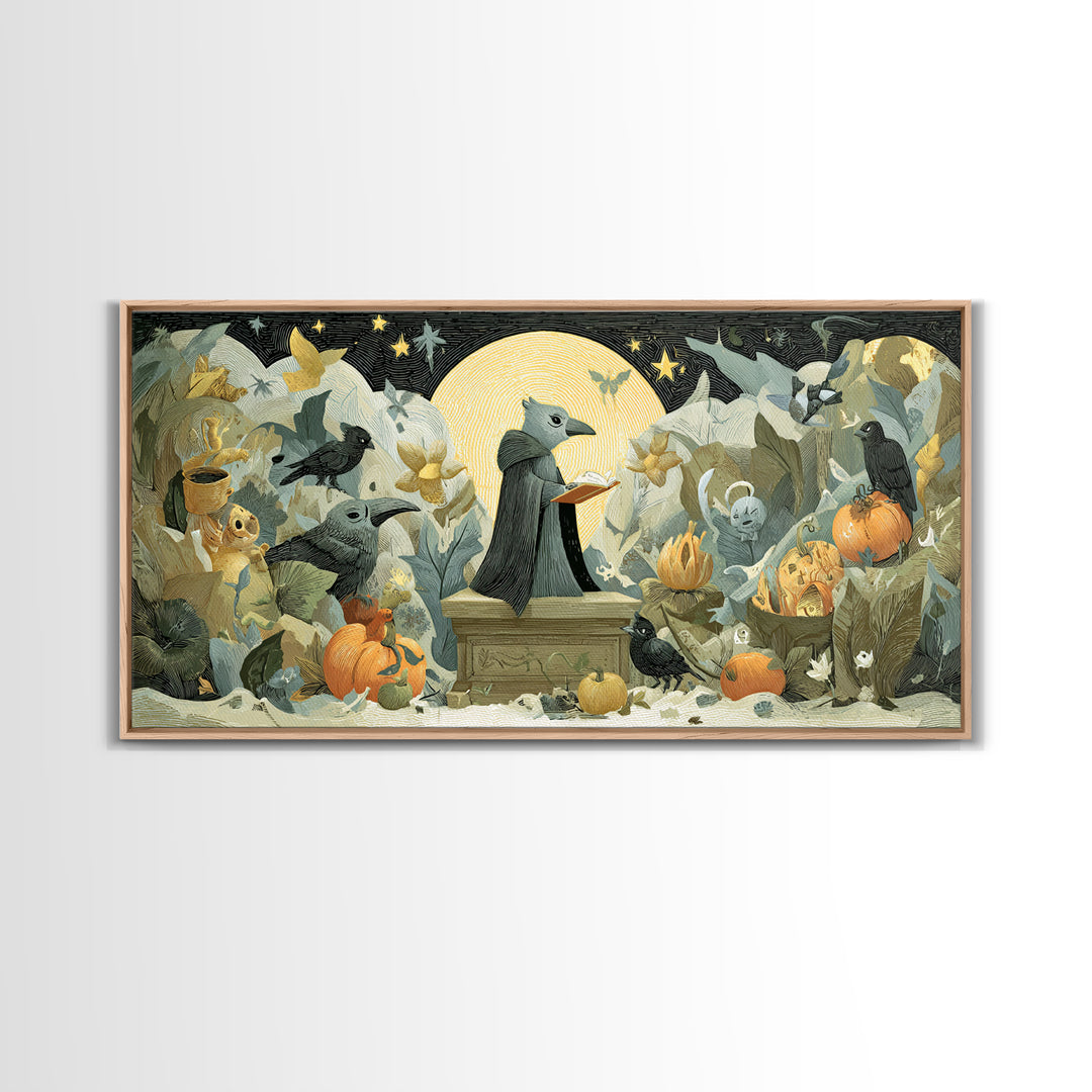 The Raven Sermon Of Leng, Linocut Halloween Art, Wide Panoramic Art, Framed Canvas Print, Cute Halloween Wall Art
