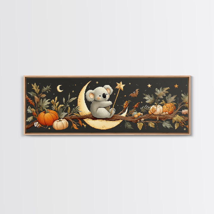 The Koala Wizard, Embroidered Halloween Art, Extra Wide Wall Art, Canvas Print, Cute Halloween Wall Art