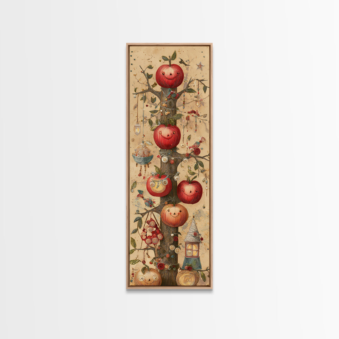 The Enchanted Apple Orchard, Quilled Halloween Art, Tall Narrow Wall Art, Framed Canvas Print, Cute Halloween Wall Art