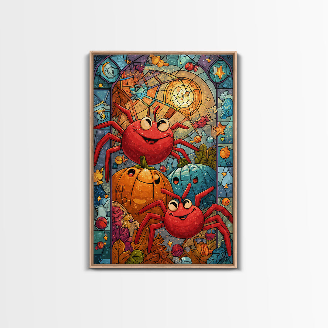 The Licorice Spider Family, Stained Glass Halloween, Vertical Wall Art, Canvas Print, Cute Halloween Wall Art