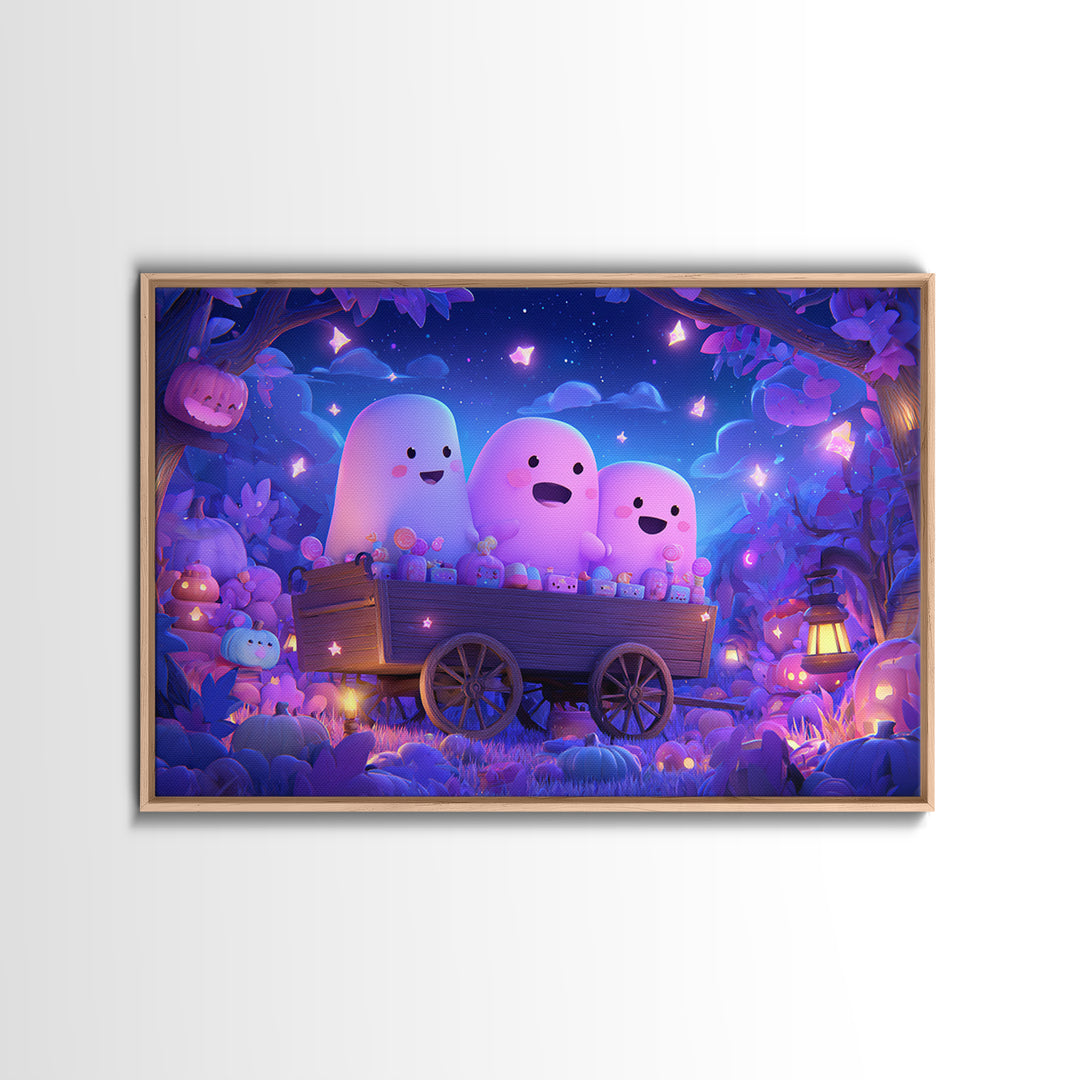 The Friendly Haunted Hayride, Vaporwave Halloween Art, Landscape Wall Art, Framed Canvas Print, Cute Halloween Wall Art